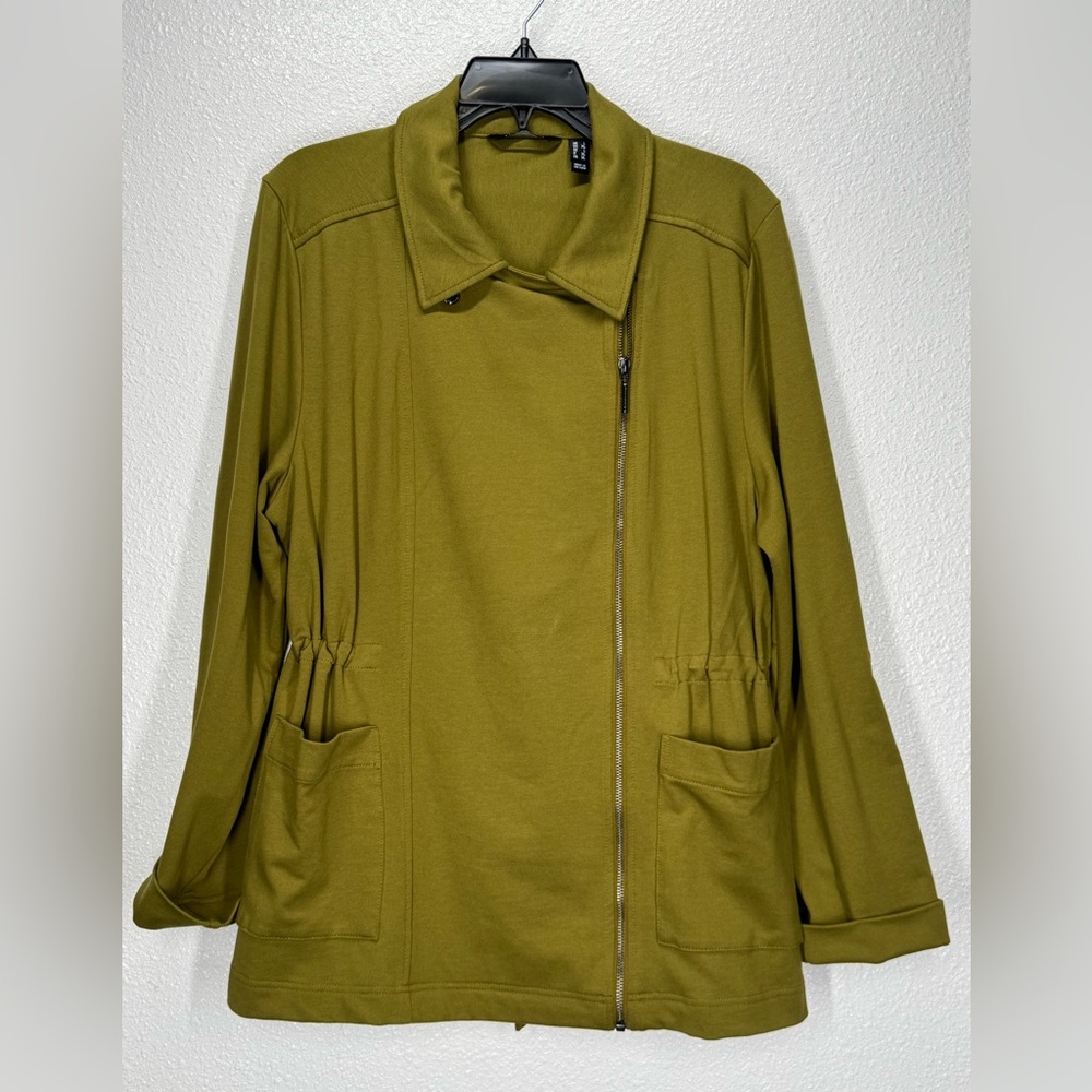 H by Halston Olive Green Moto Asymmetrical Jacket Large Full Zip Cinch Waist